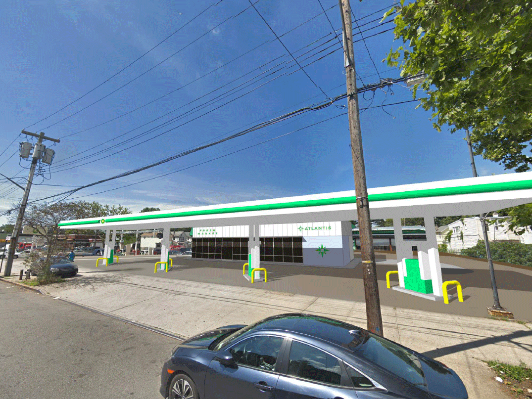 3d model of a gas station placed in a Google Streetview image