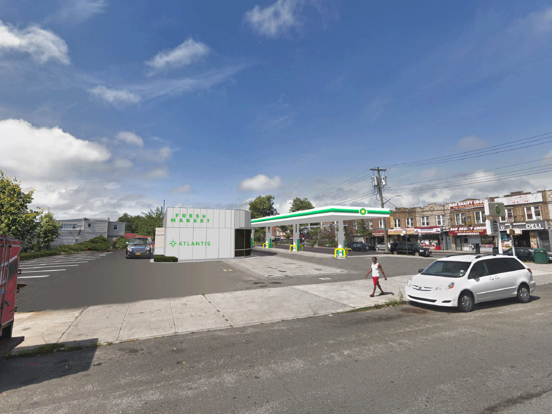 3d model of a gas station placed in a Google Streetview image