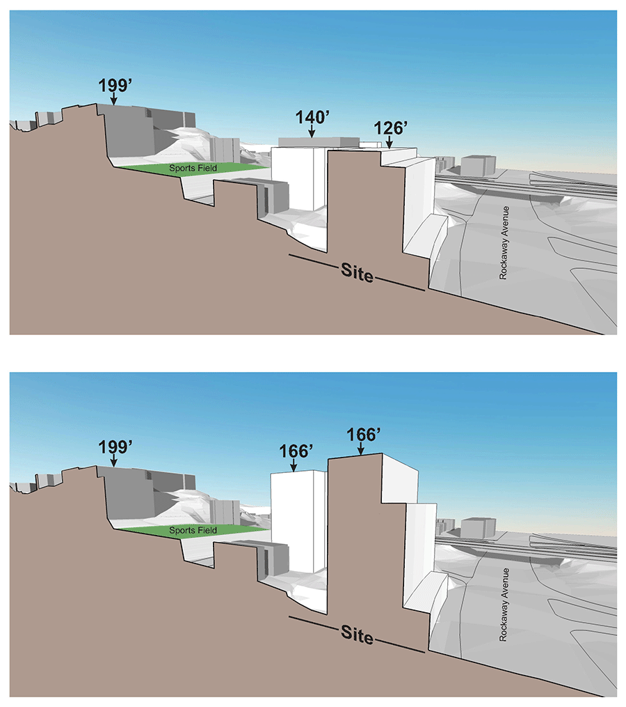 3d model of a hillside, cut at different intervals to compare proposed building to existing buildings on either side