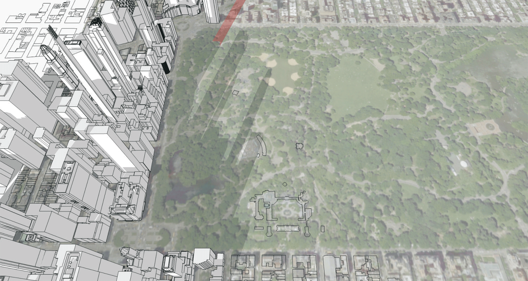 3d shadow analysis of a proposed building near Central Park, in perspective view from the air
