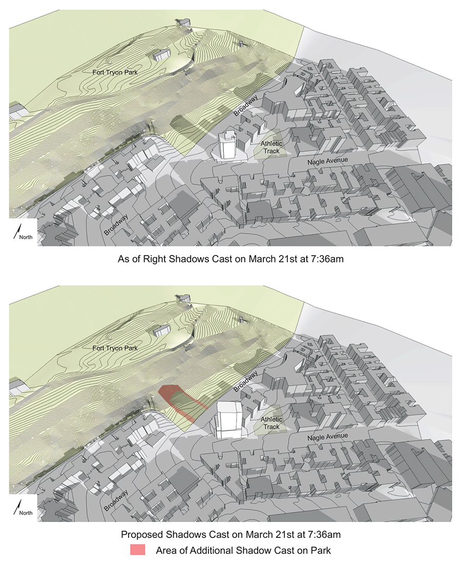 3d shadow analysis of a proposed building near Fort Tryon Park, in perspective view from the air