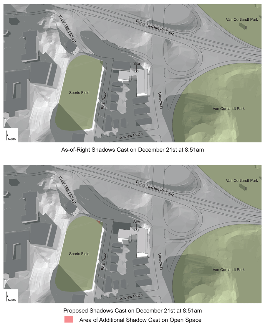 3d shadow analysis of a proposed building near Van Cortlandt Park, in perspective view from the air