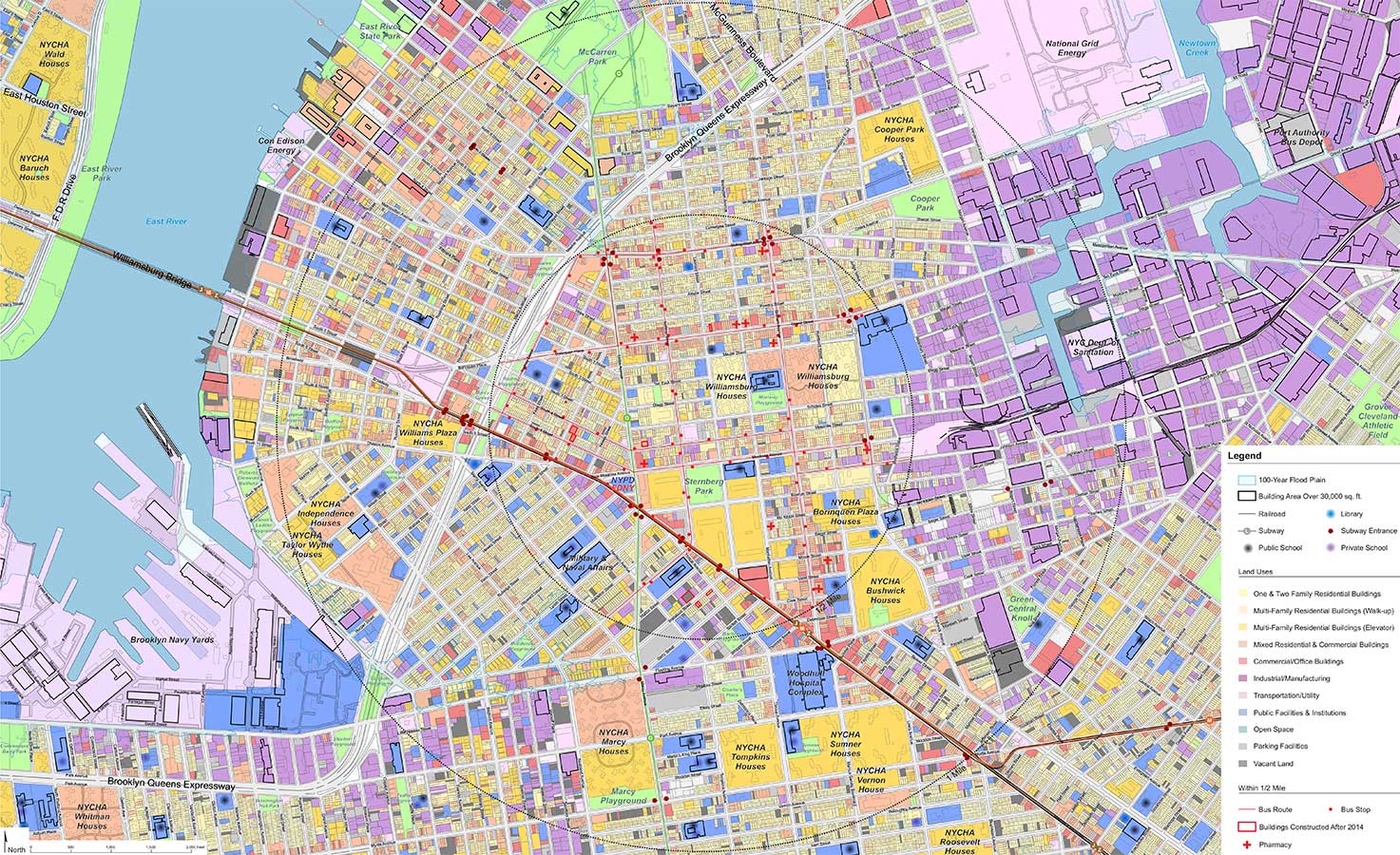 A map showing land uses and major housing complexes within a mile of a site.