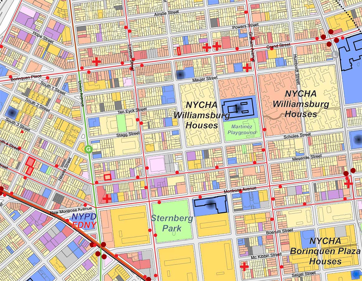 A zoomed in portion of a map showing land uses and major housing complexes within a mile of a site.