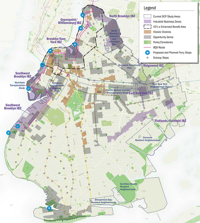 Map showing industrial, historic, and opportunity zones across Brooklyn, using grays, browns, and purples.