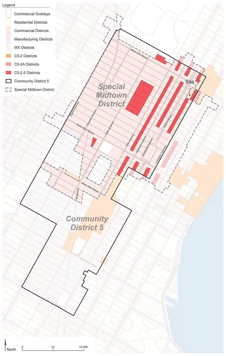 Map showing zones across eastern Midtown Manhattan, highlighting certain commercial zones in reds and oranges, and overlaid by a community district and special district.