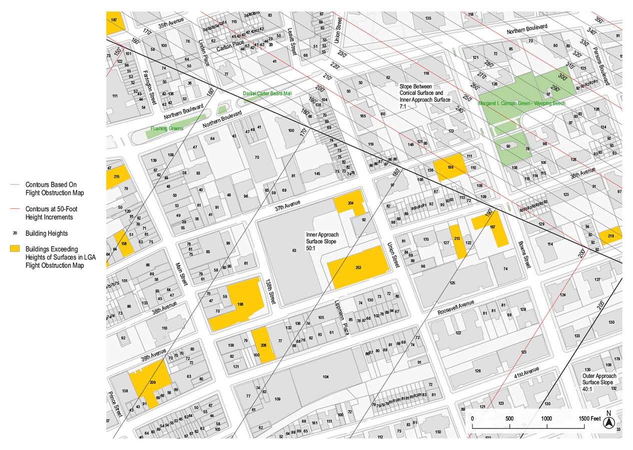 Map showing maximum permitted heights along a flight path, showing buildings in gold that are higher than regulations allow.