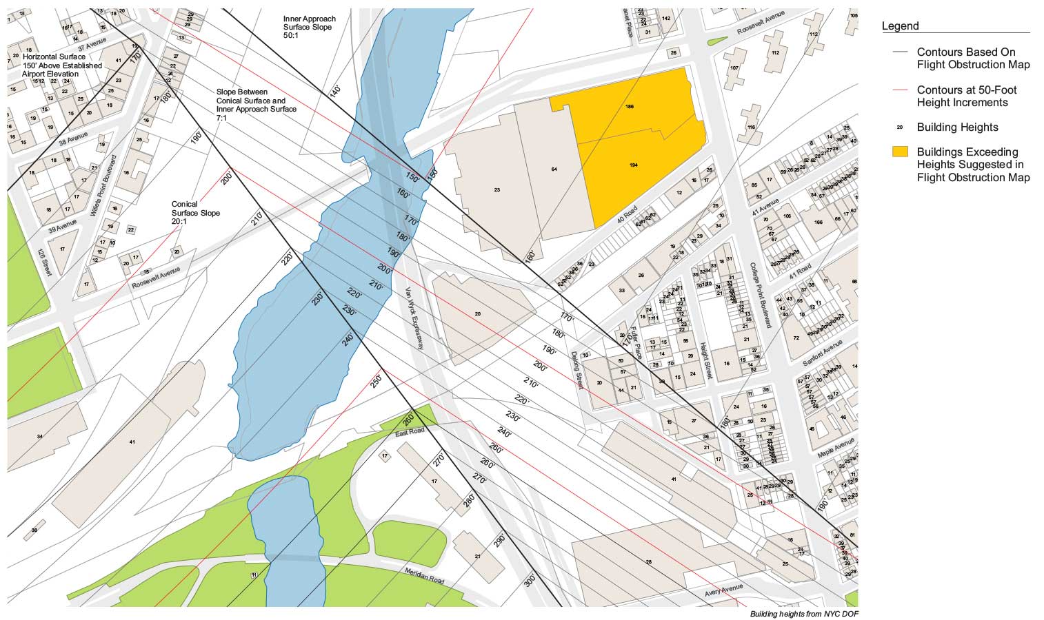 Map showing maximum permitted heights along a flight path, showing buildings in gold that are higher than regulations allow.