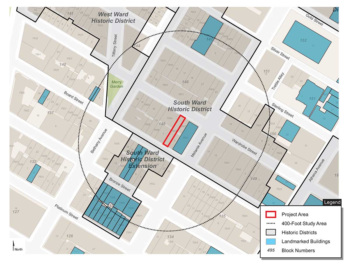 Map showing historic districts in light gray, and landmarked buildings in blue, within 400 feet of a development site.