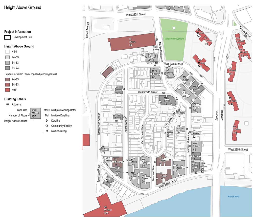 Map showing building heights above ground with a range of grays and reds, along with labels for land use and number of floors.
