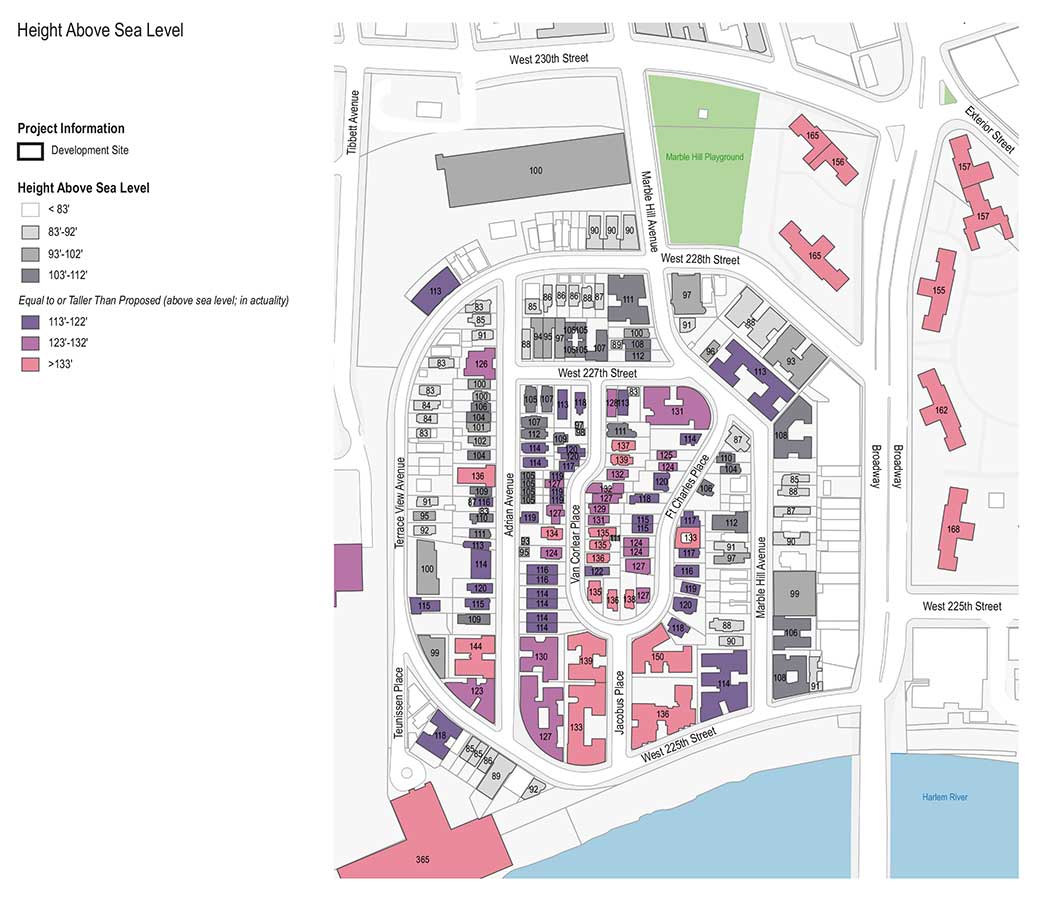 Map showing building heights above sea level with a range of grays, purples, and salmon colors.