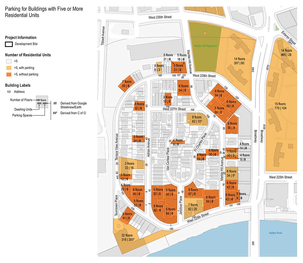 Map showing residential units per lot with a range of oranges, plus the number of parking units.