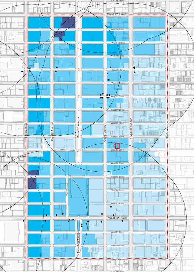 Map showing distance to the nearest subway station, with increasing darkness of a blue hue showing nearness to multiple stations.