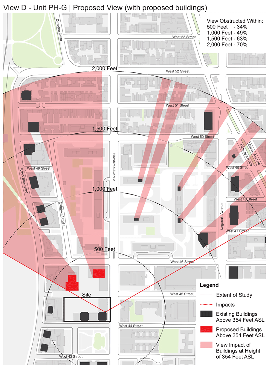 A GIF showing viewsheds at different heights from a skyscraper, comparing existing conditions to conditions created by a proposed adjacent building.
