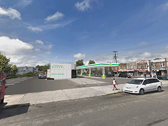 3d model of a gas station placed in a Google Streetview image