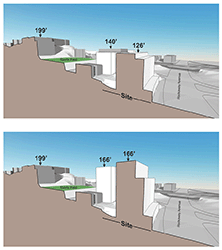 3d model of a hillside, cut at different intervals to compare proposed building to existing buildings on either side