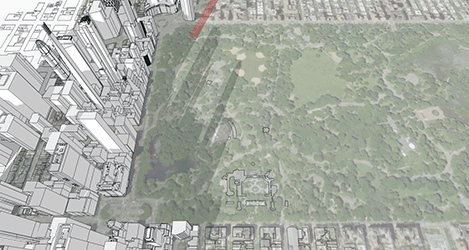 3d shadow analysis of a proposed building near Central Park, in perspective view from the air