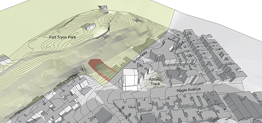 3d shadow analysis of a proposed building near Fort Tryon Park, in perspective view from the air
