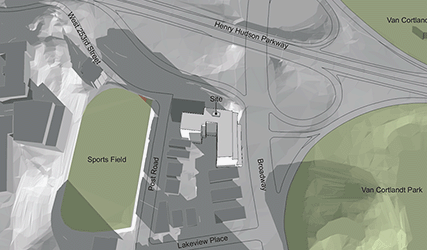 3d shadow analysis of a proposed building near Van Cortlandt Park, in perspective view from the air