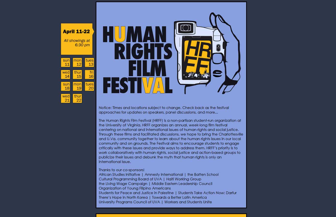 The film festival page, showing the uppermost portion with the logo and click-able calendar.