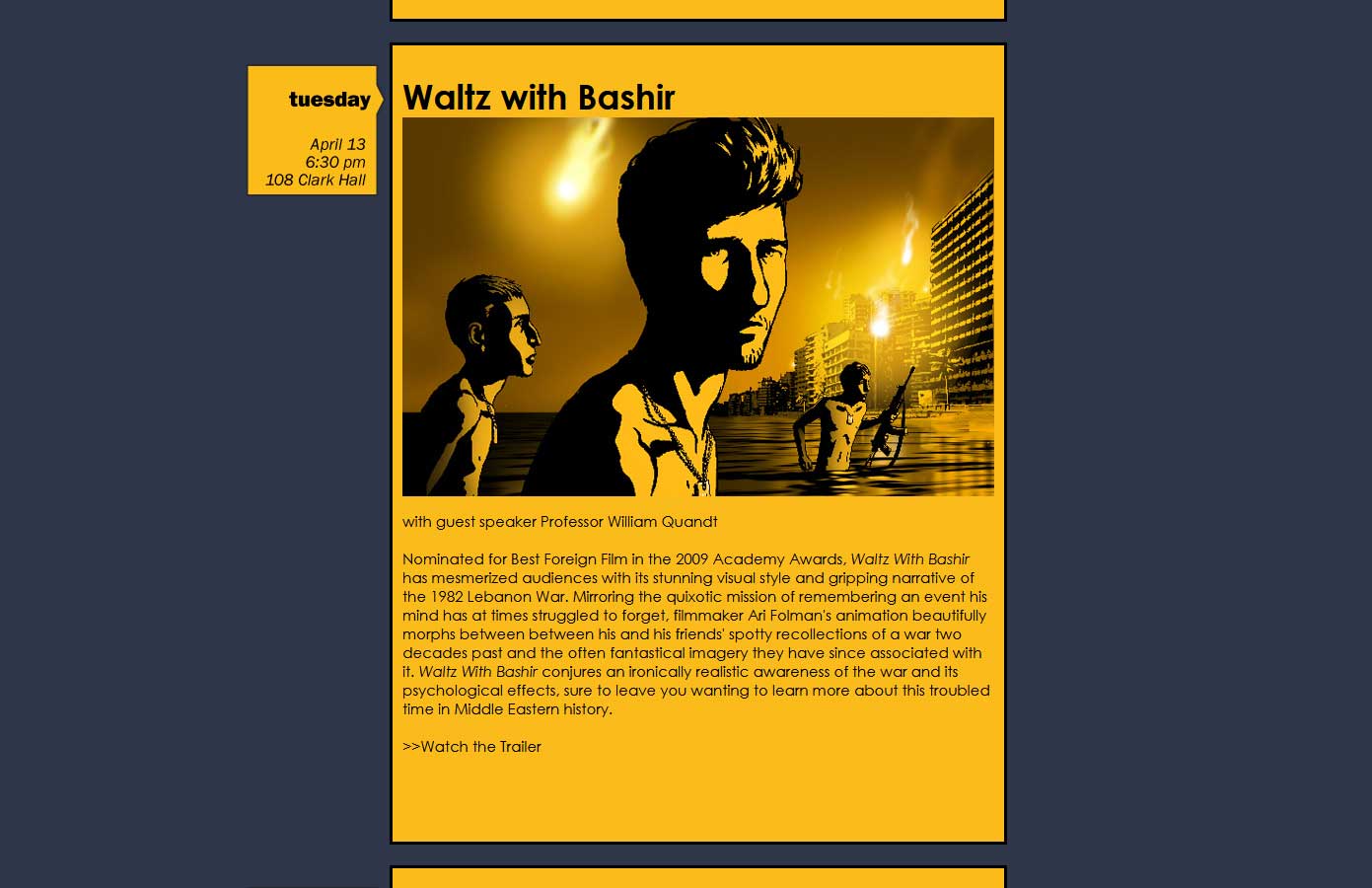 One of the films at the festival, Waltz With Bashir, with the date and location in a callout box on the left and an image and description on the right.