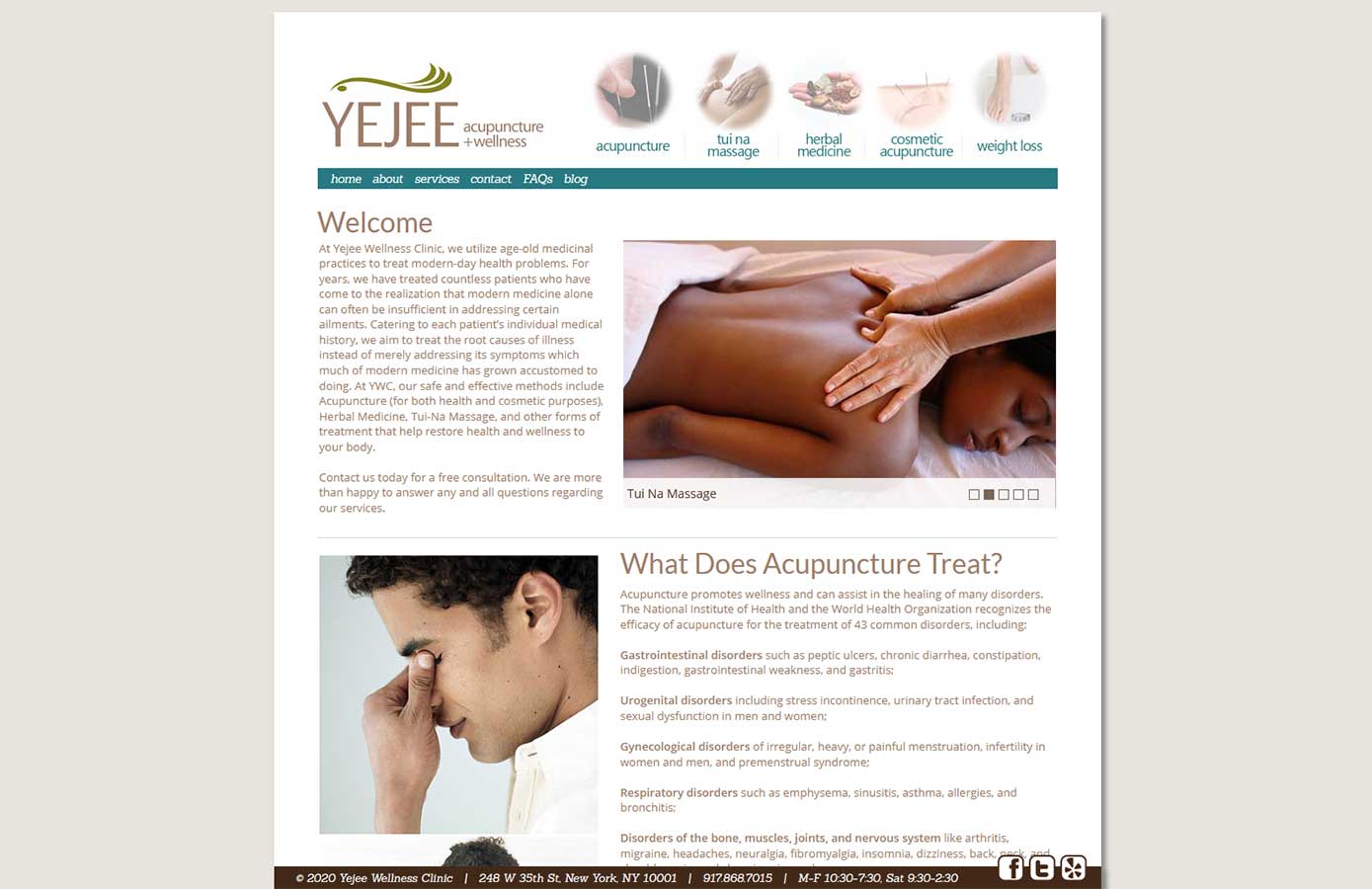 Yejee's home page, showing a changing image in the top left of various services offered, and with a contact and social media bar at the bottom.