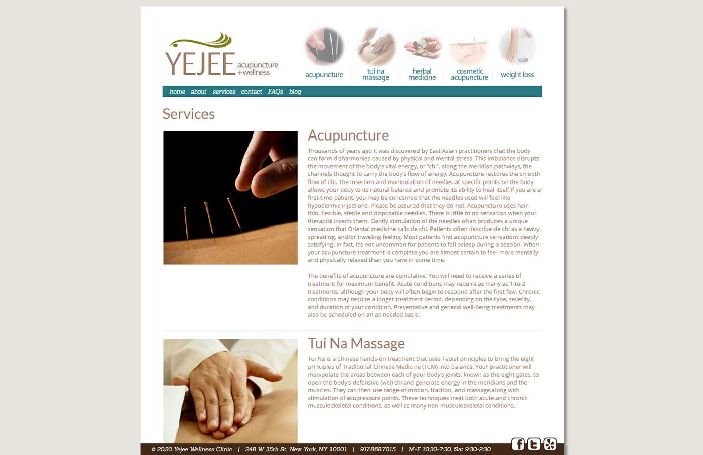 Yejee's services page, showing an image on the left of the service offered, with a description on the right.