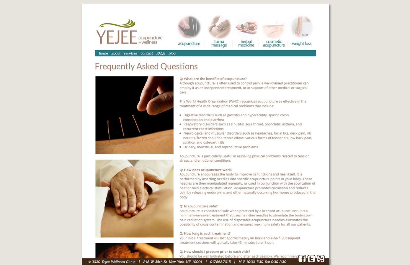 Yejee's FAQ page, showing images of services offered on the left and questions on the right.