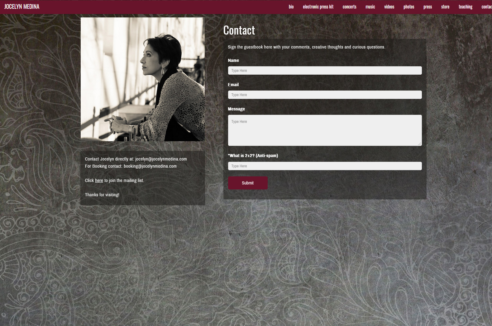 The contact page, showing a contact form on the right and an image of my friend on the left.