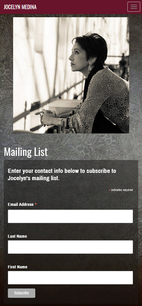 The mailing list page, showing the responsive narrow view, with an image of my friend above and a contact form below.