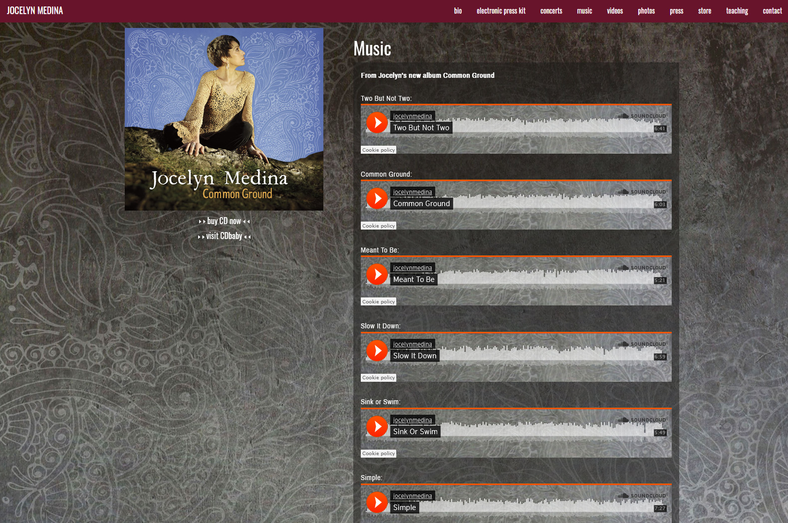 The music page, showing Soundcloud plugins on the right that allow music plays, and an album cover on the left.